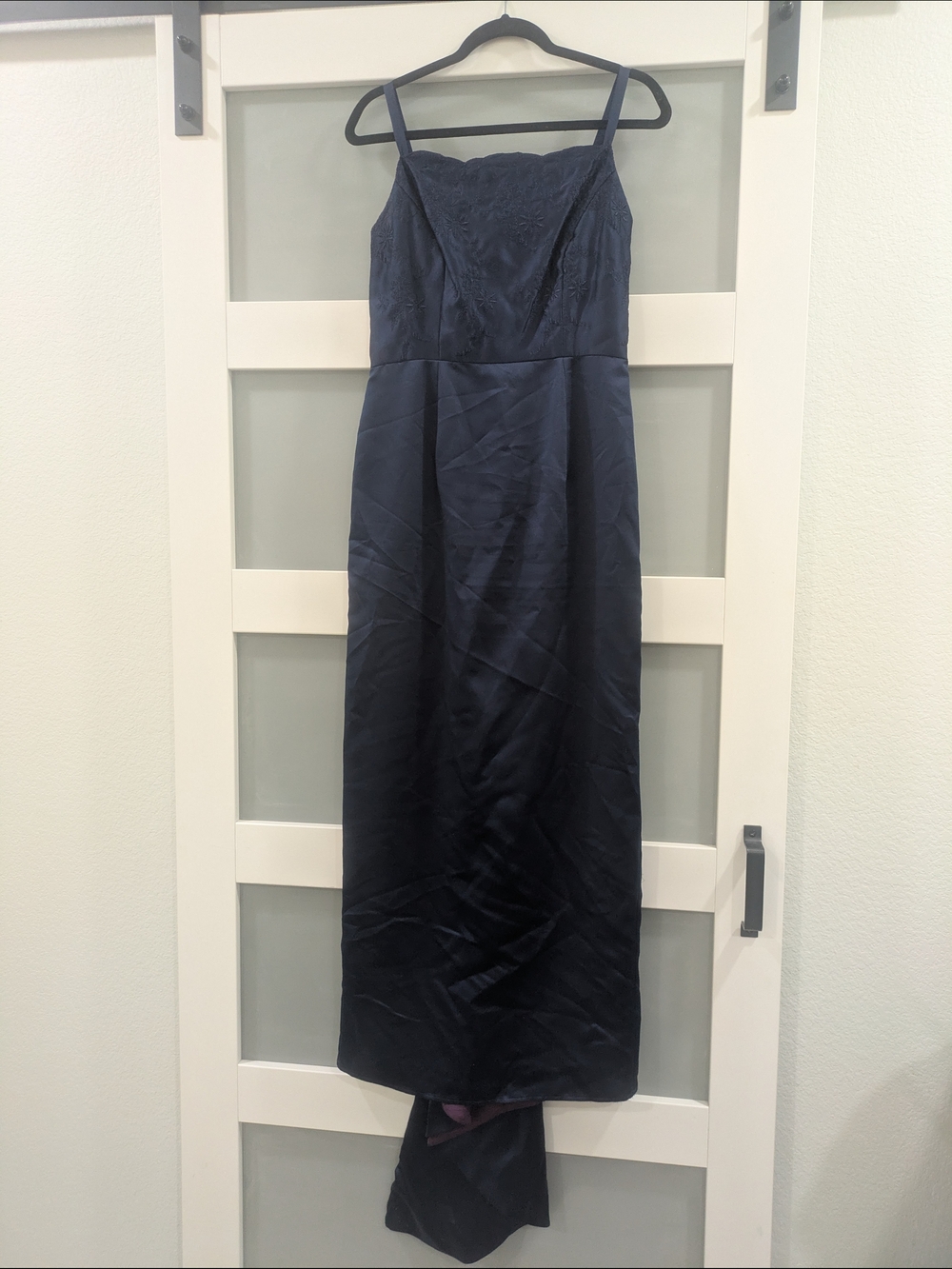 Navy Lace Bodice Spaghetti Strap Prom Dress